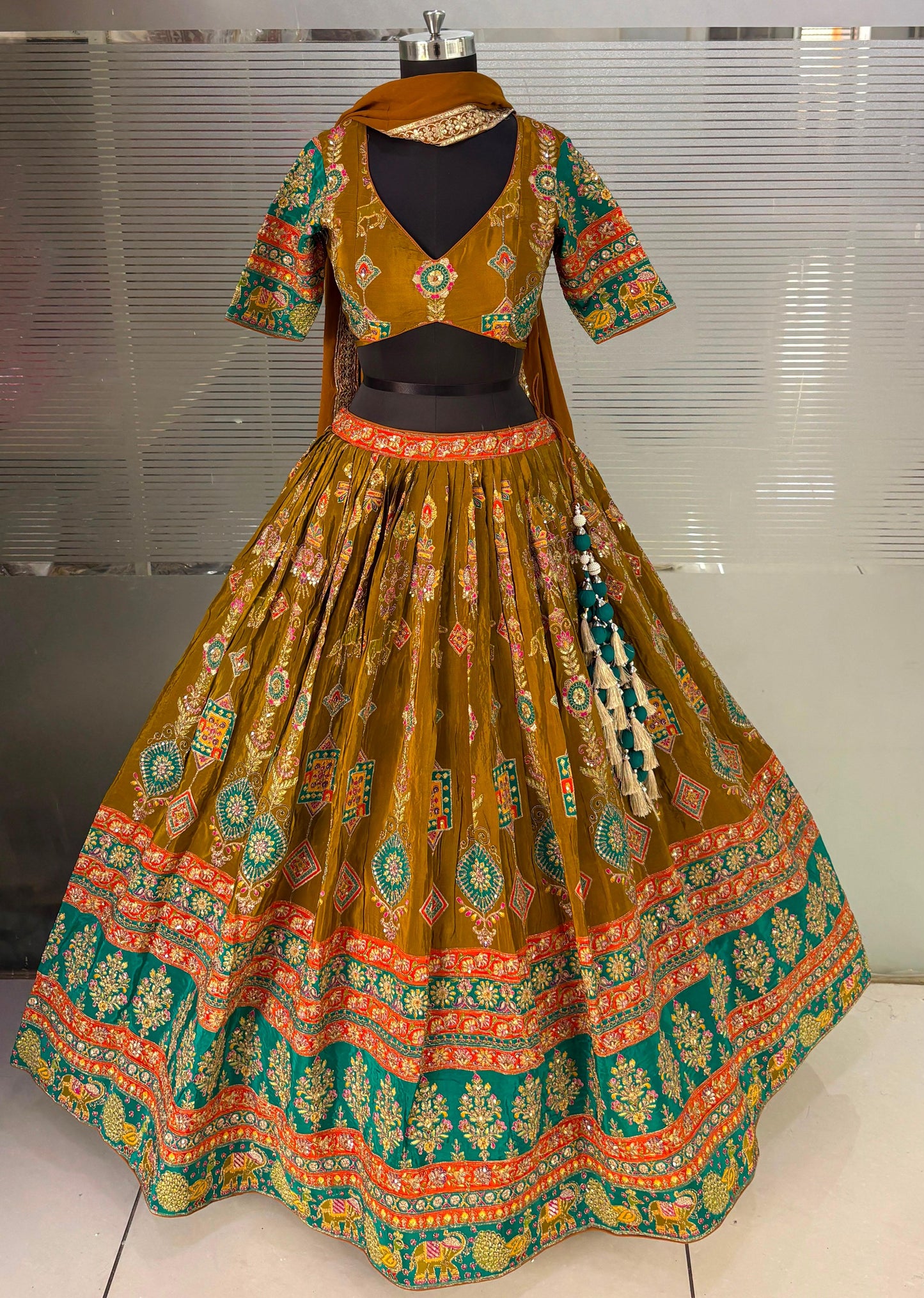 Mustard Green Crop Top Lehenga