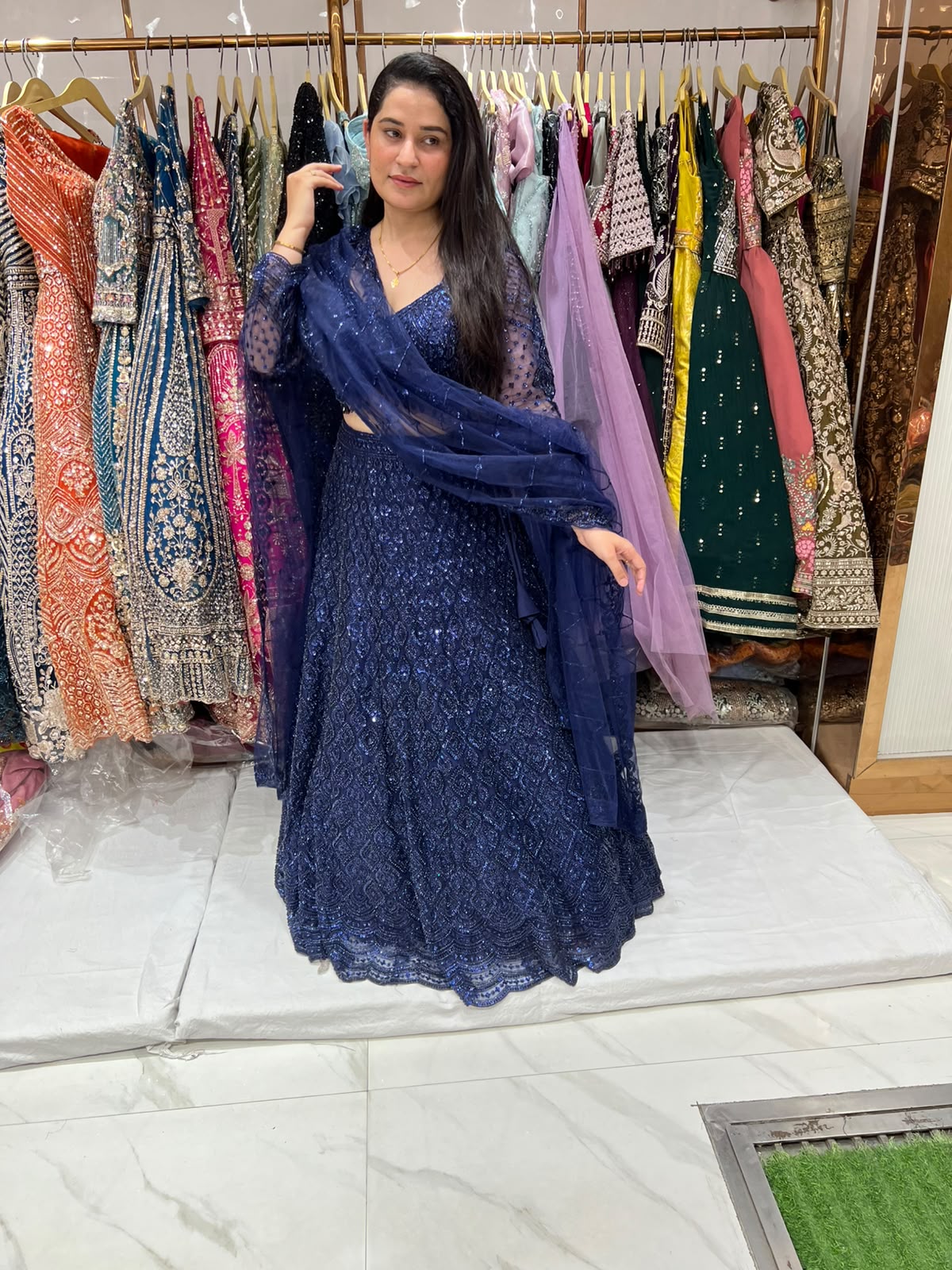 Dark Blue On Blue Monotone Crop Top Lehenga