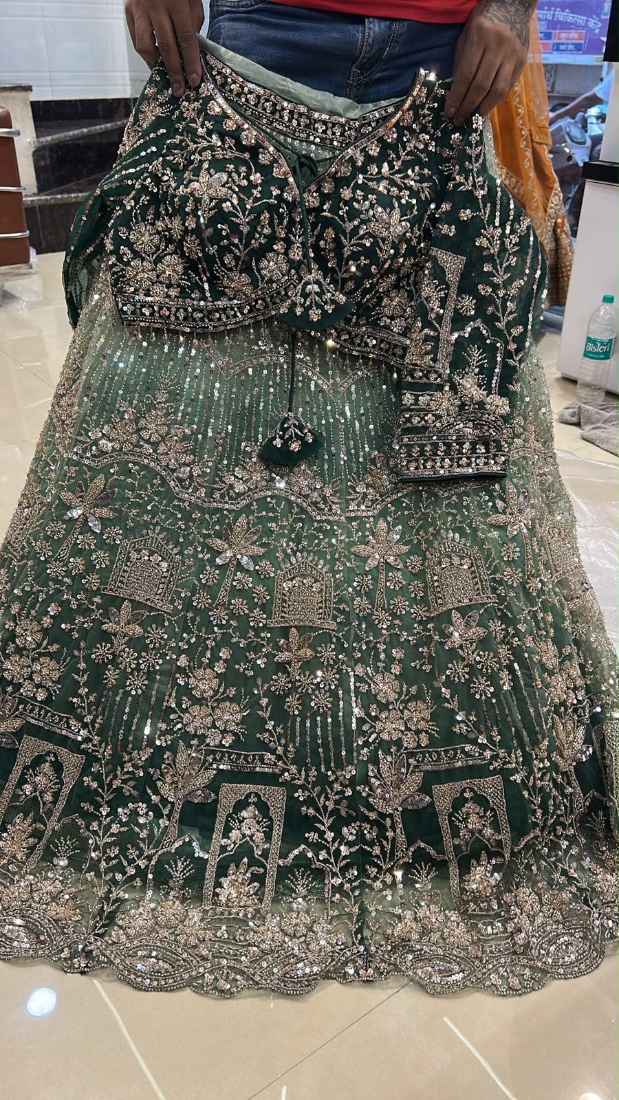 Green Double Shade Crop Top Lehenga