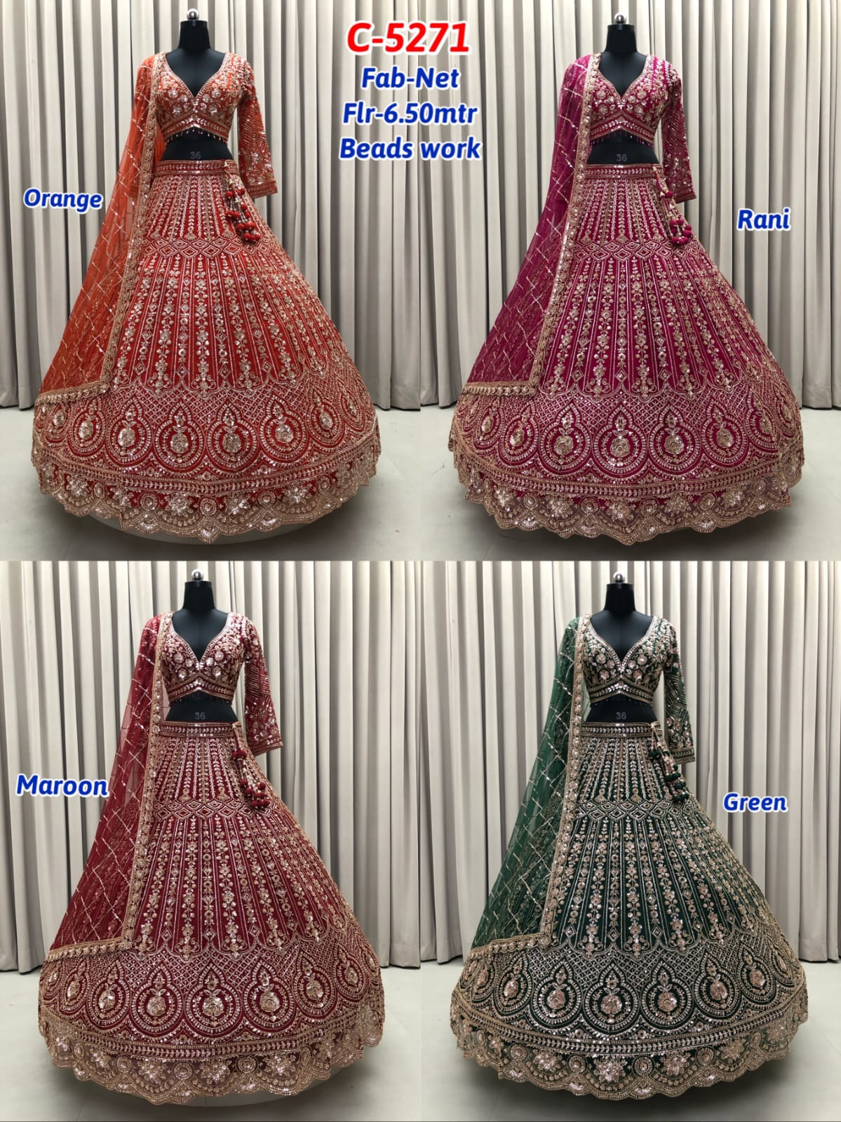 Rust Orange Rani Pink Maroon Green Net Lehenga