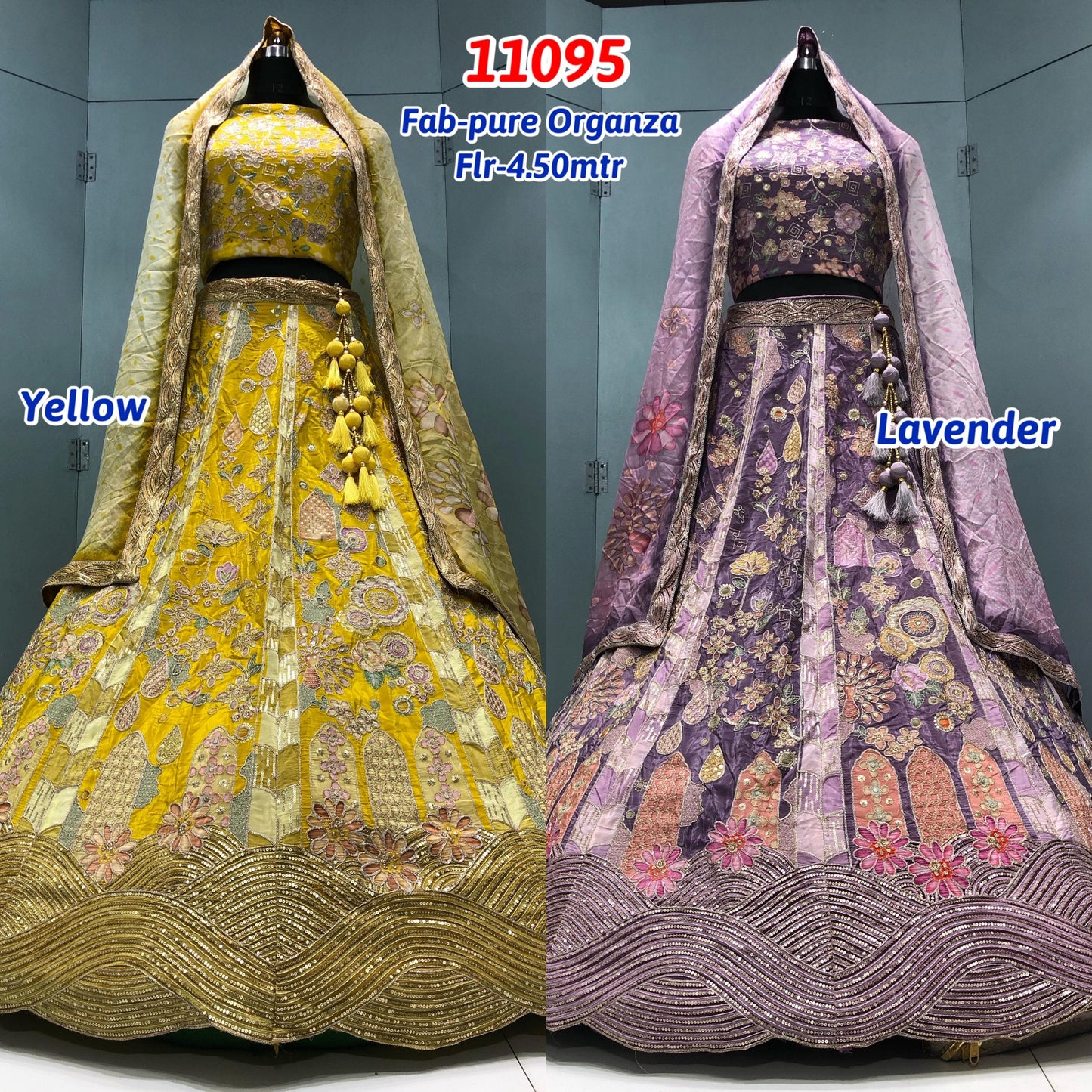 Yellow Haldi Mehendi Lavender Pure Organza Lehenga