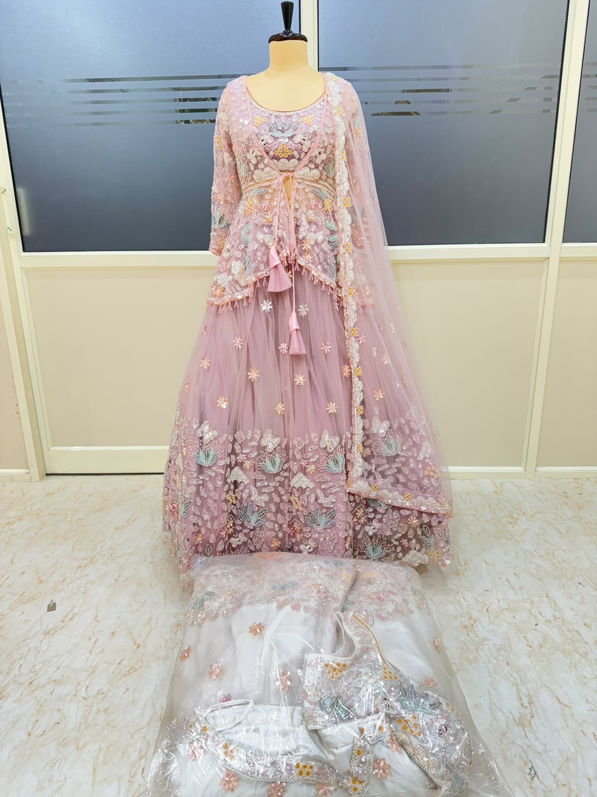 Pink White Long Indo Western Farshi Garara Designer Crop Top Lehenga