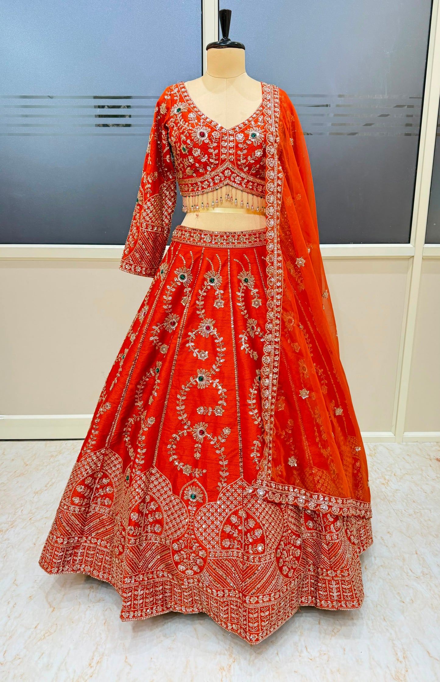 Rust Orange Designer Crop Top Lehenga