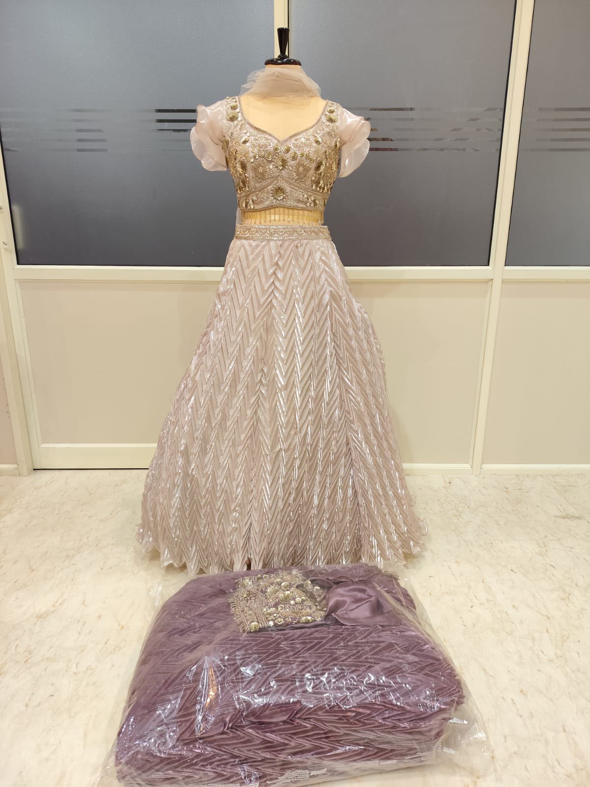 Golden Pink Designer Crop Top Lehenga