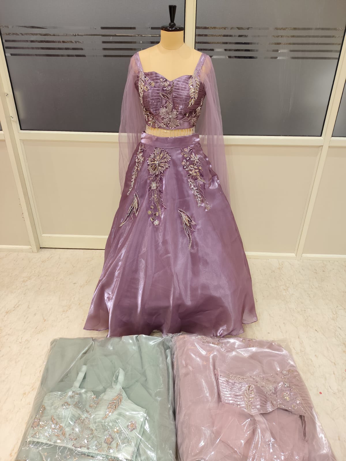 Green Pink Lavender Designer Crop Top Lehenga