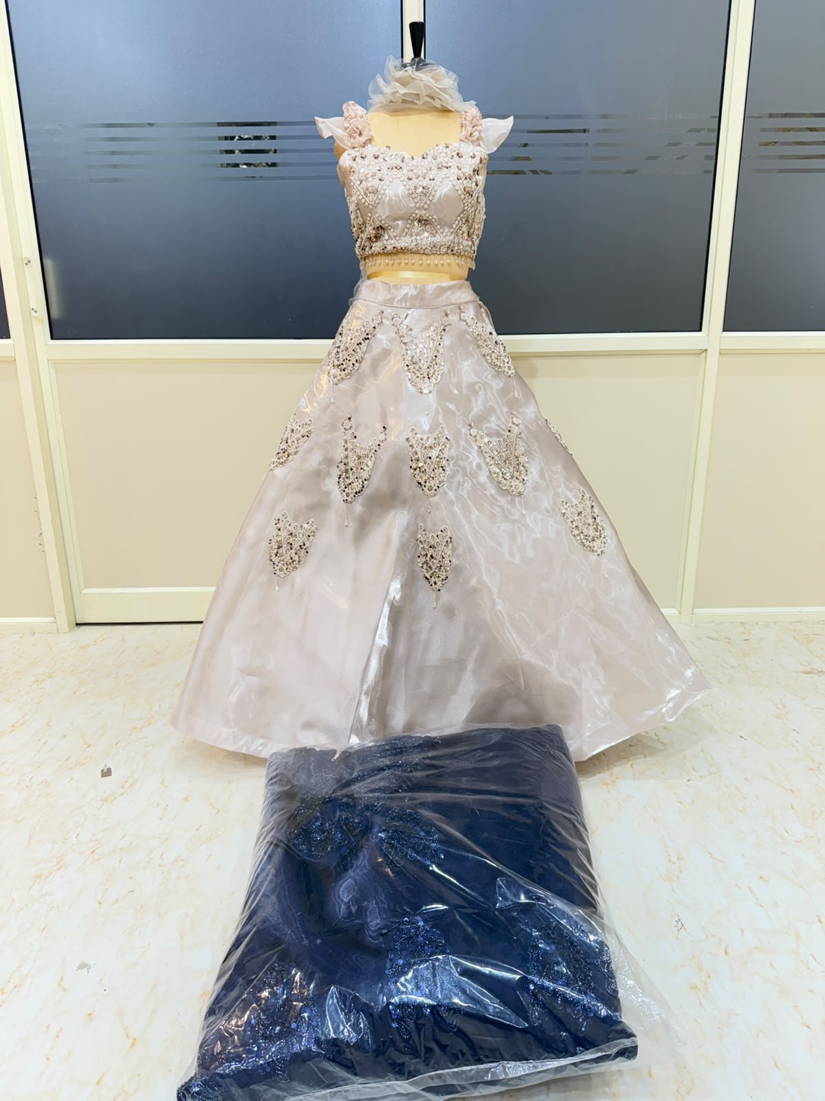 Peach Brown Blue Designer Crop Top Lehenga