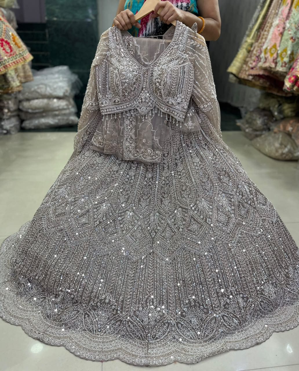Silver Grey Designer Crop Top Lehenga