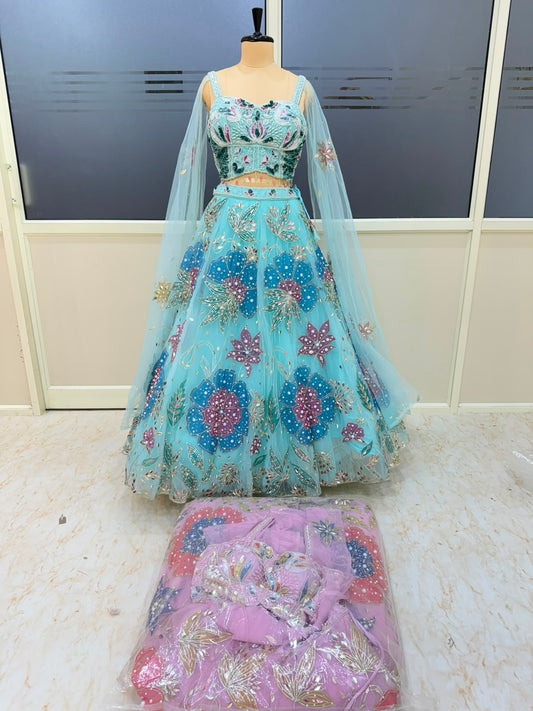 Sky Blue Designer Pdp Crop Top Lehenga