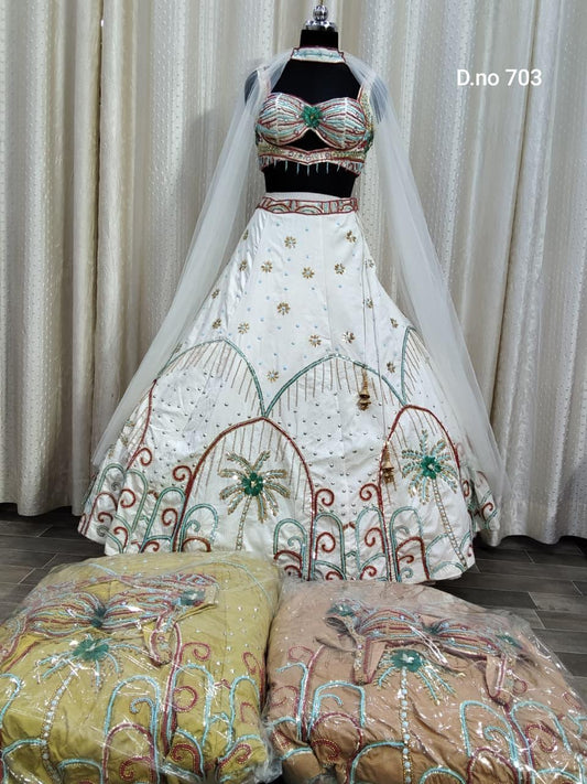 Sky blue pink White Pdp Crop Top Lehenga