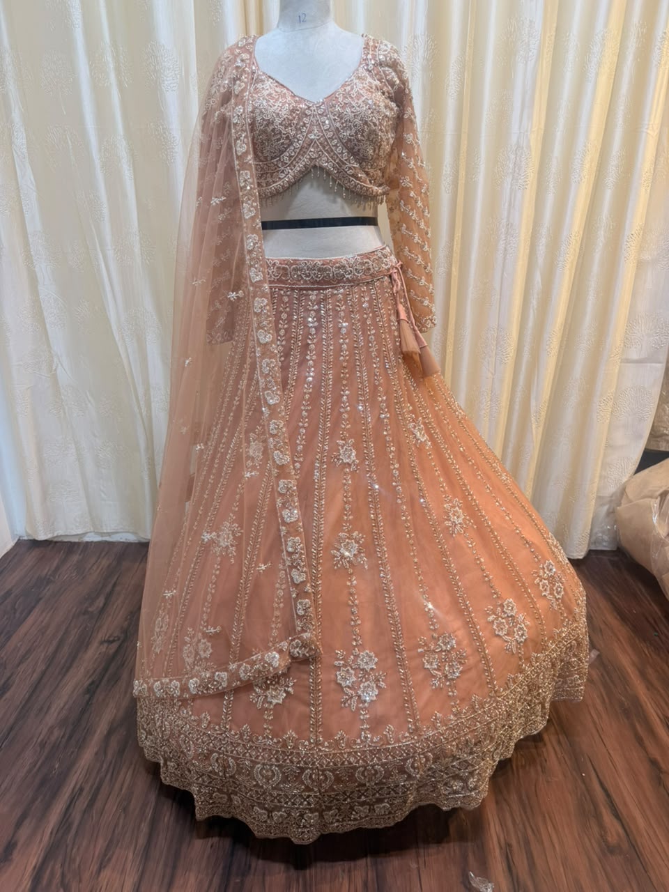 Peach pink net crop top Lehenga