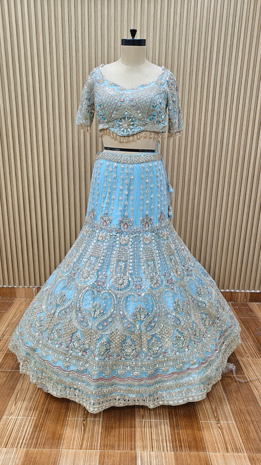 sky Blue fish cut Crop top Lehenga