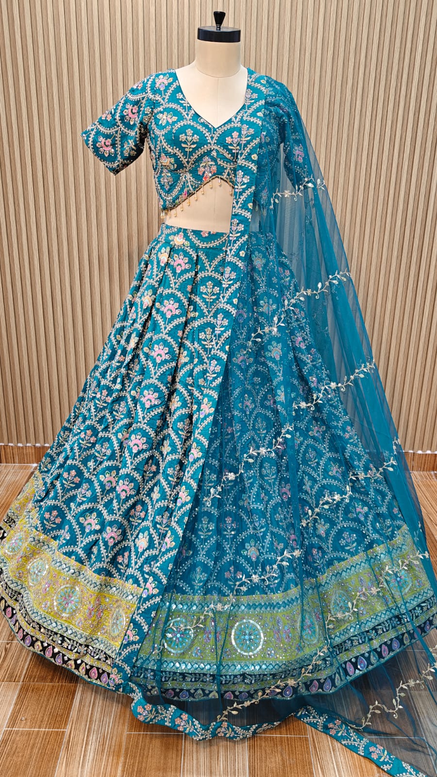 Blue pink banarasi Crop top Lehenga