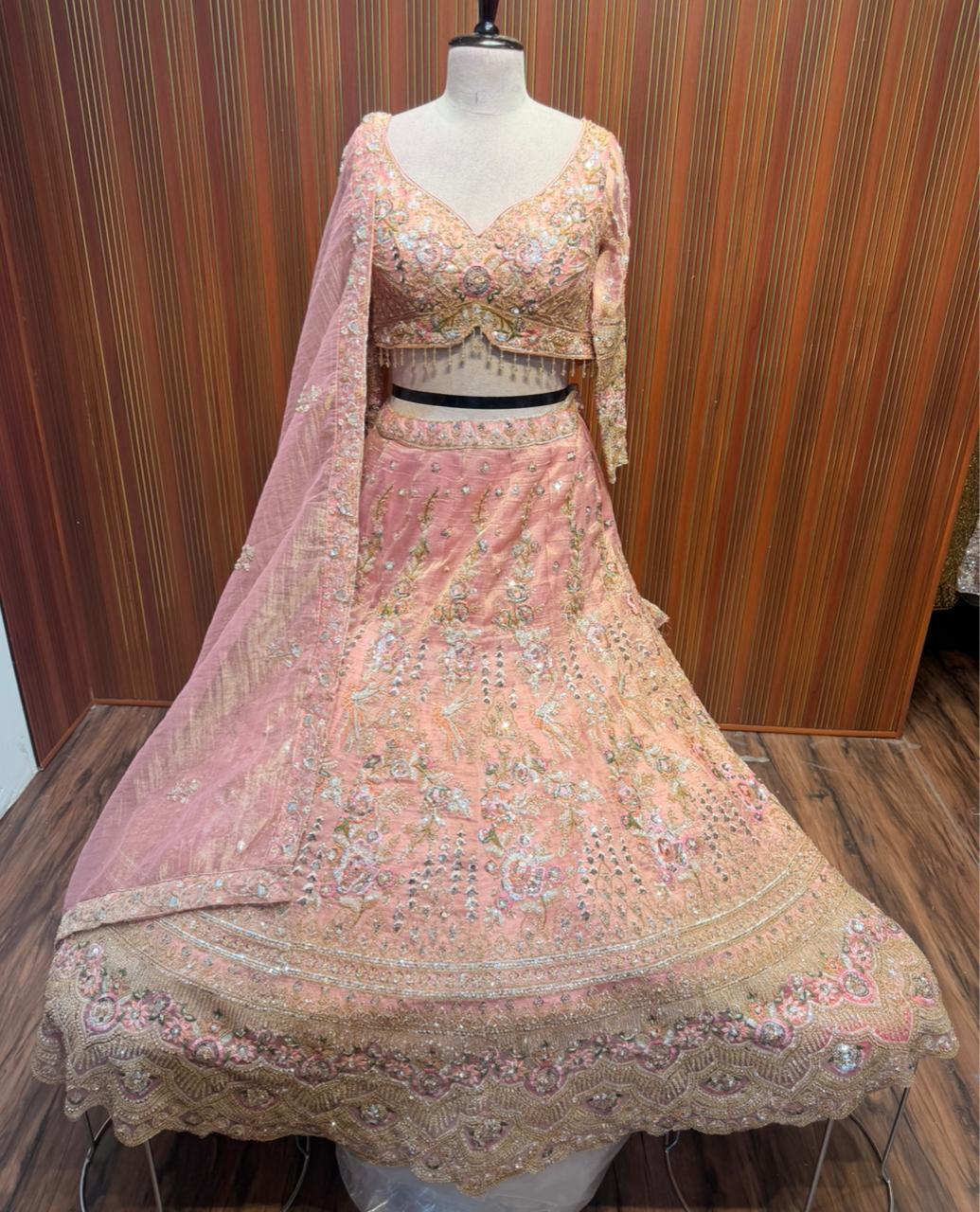 Pink brown green Crop top Lehenga
