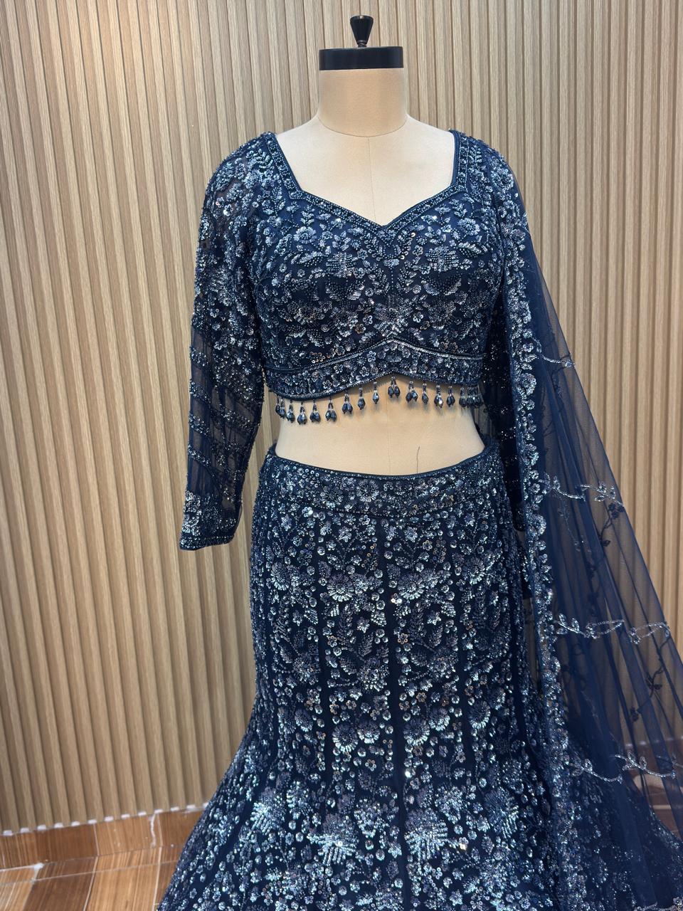 Navy blue pink fish cut Crop top Lehenga