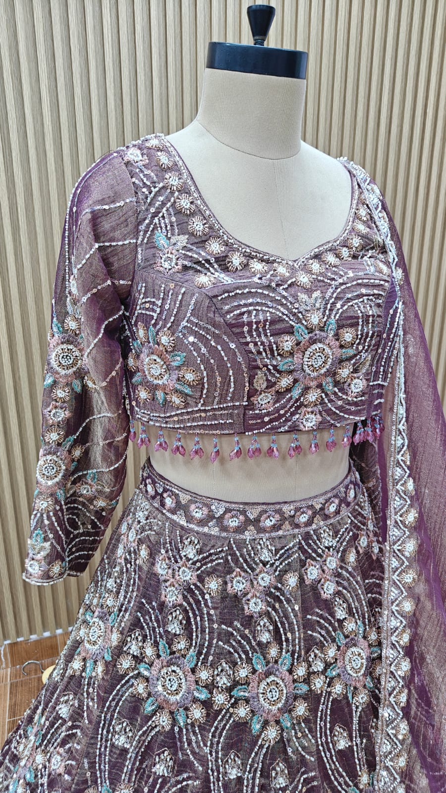 Purple brown mint green lemon green blue Crop top Lehenga