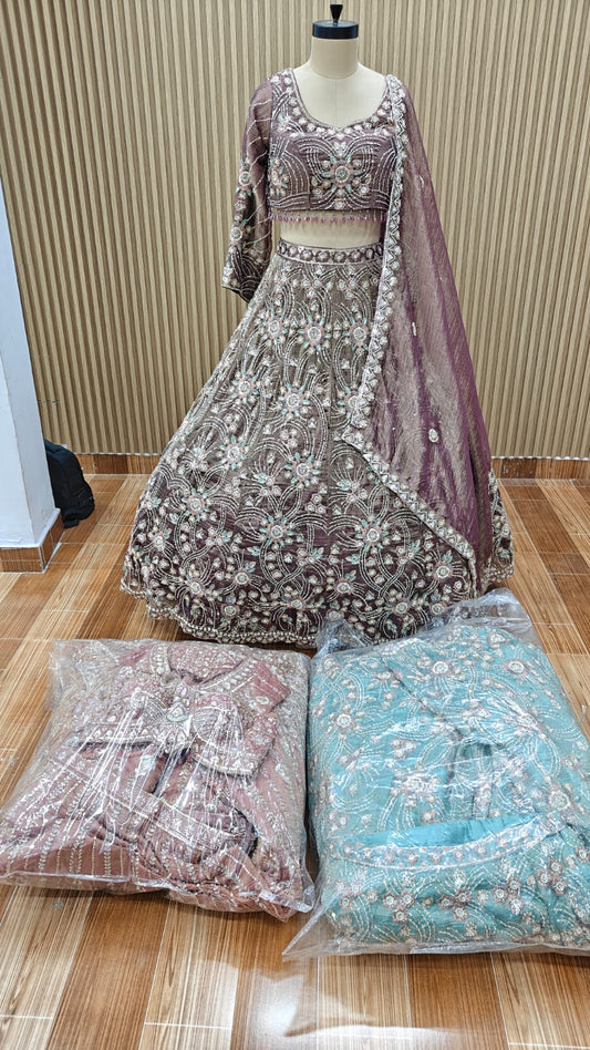 Purple brown mint green lemon green blue Crop top Lehenga
