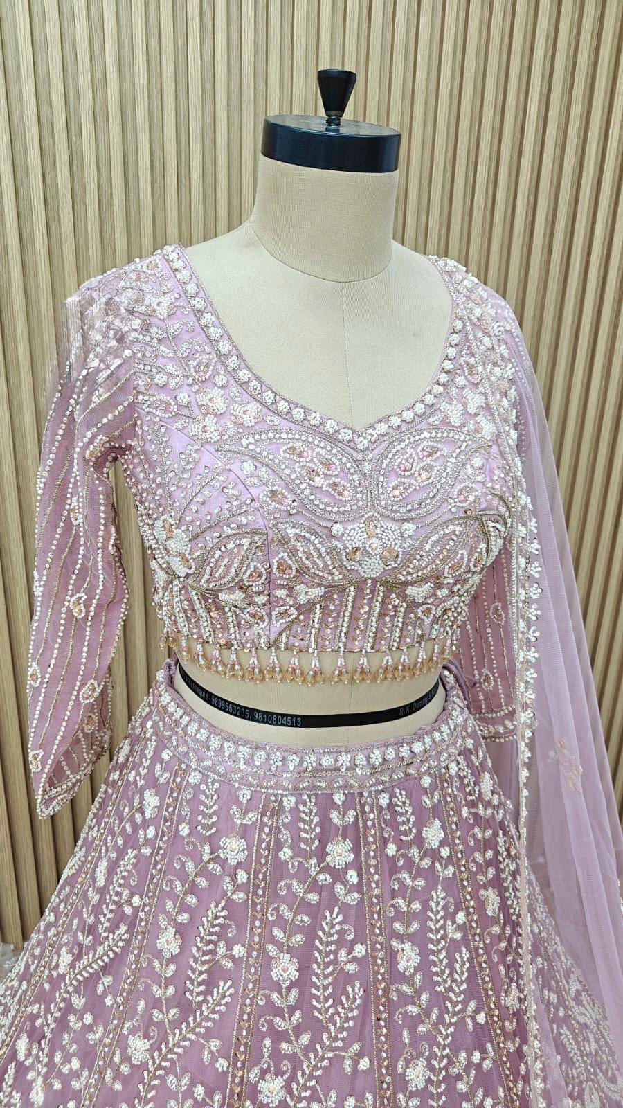pista Green white Pink Crop top Lehenga