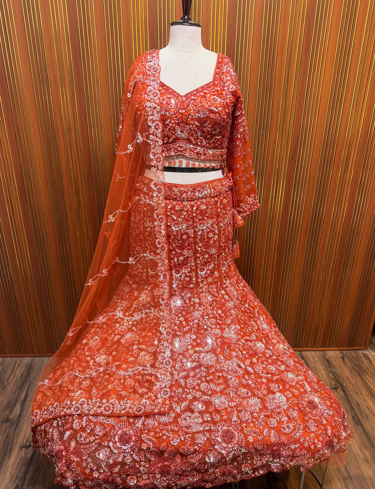 Rust orange navy blue fish cut crop top Lehenga