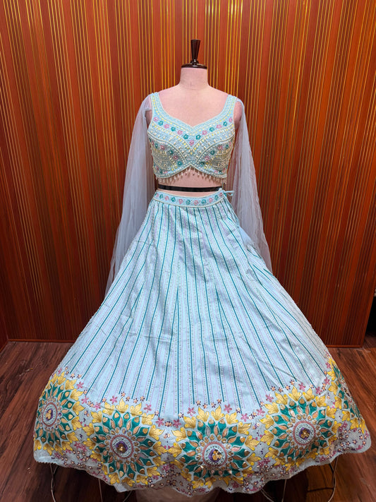 Blue pink peach pdp crop top Lehenga
