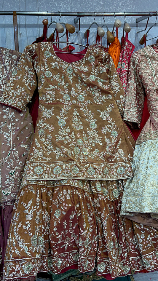 Fabulous mustard Peplum long Dress Farshi Gaharara Pakistani Bridal Dress Muslim Special