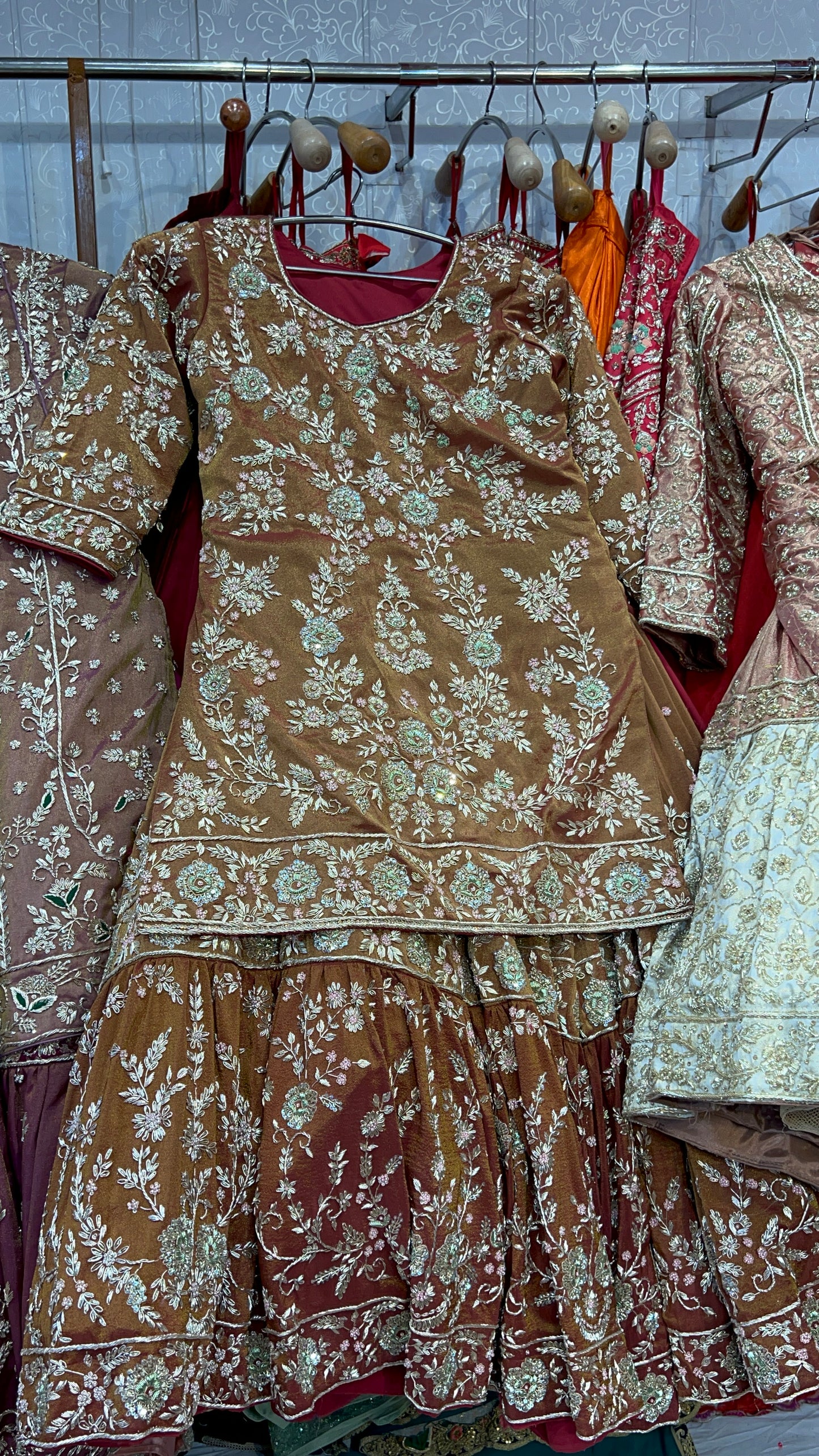 Fabulous mustard Peplum long Dress Farshi Gaharara Pakistani Bridal Dress Muslim Special