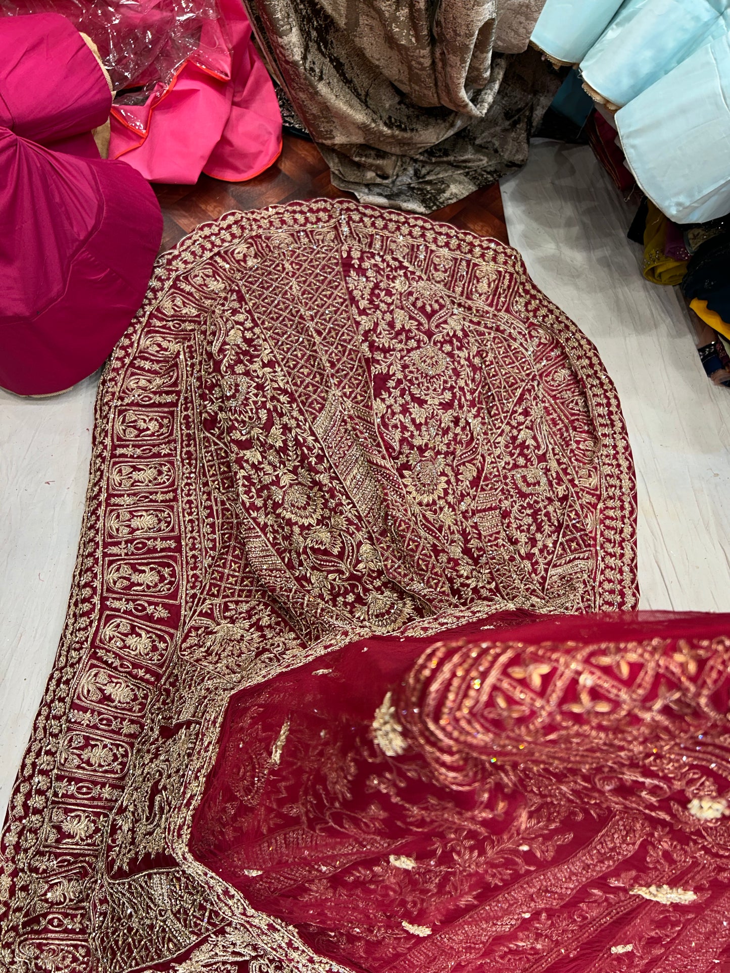 Designer Red Tail Peplum long Dress Farshi Gaharara Pakistani Bridal Dress Muslim Special