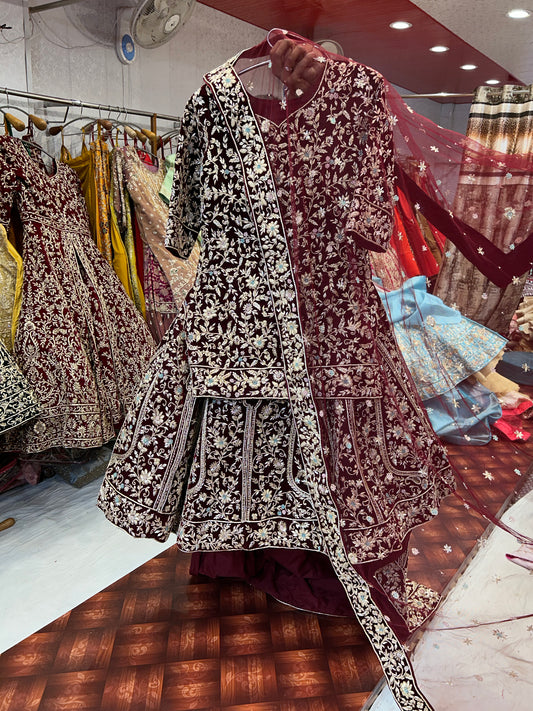 Maroon fabulous Peplum long Dress Farshi Gaharara Pakistani Bridal Dress Muslim Special