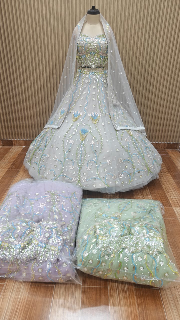 White pink green crop top Lehenga
