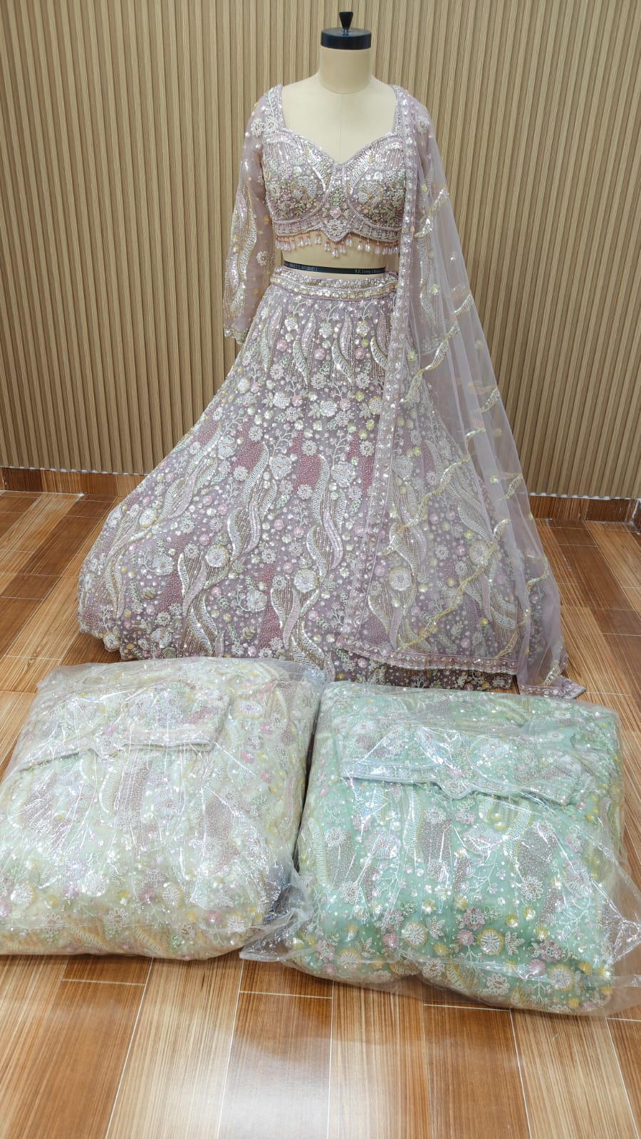 Lavender off white green crop top Lehenga