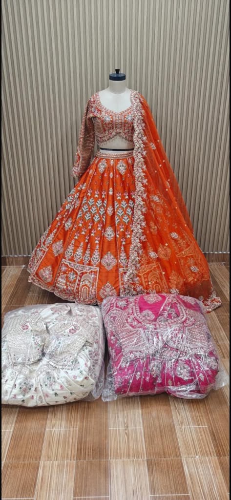 Orange pink white crop top Lehenga