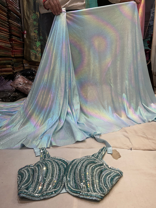 Gorgeous baby blue glossy colour Saree