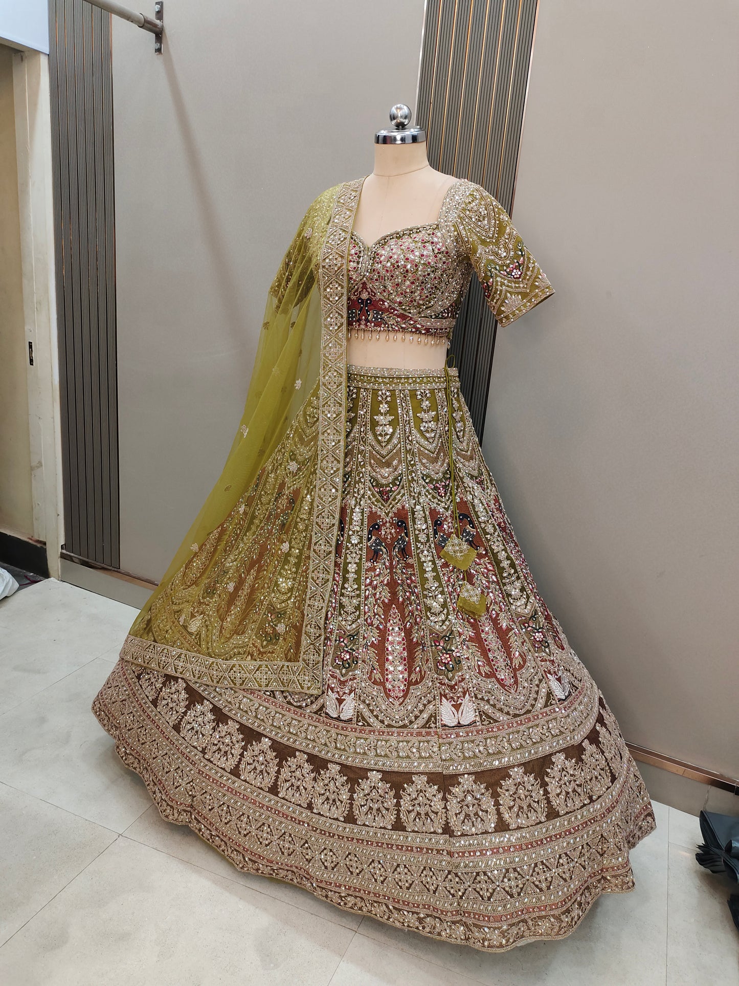 Embellished orange mustard peacock Ready to wear Crop top Lehenga