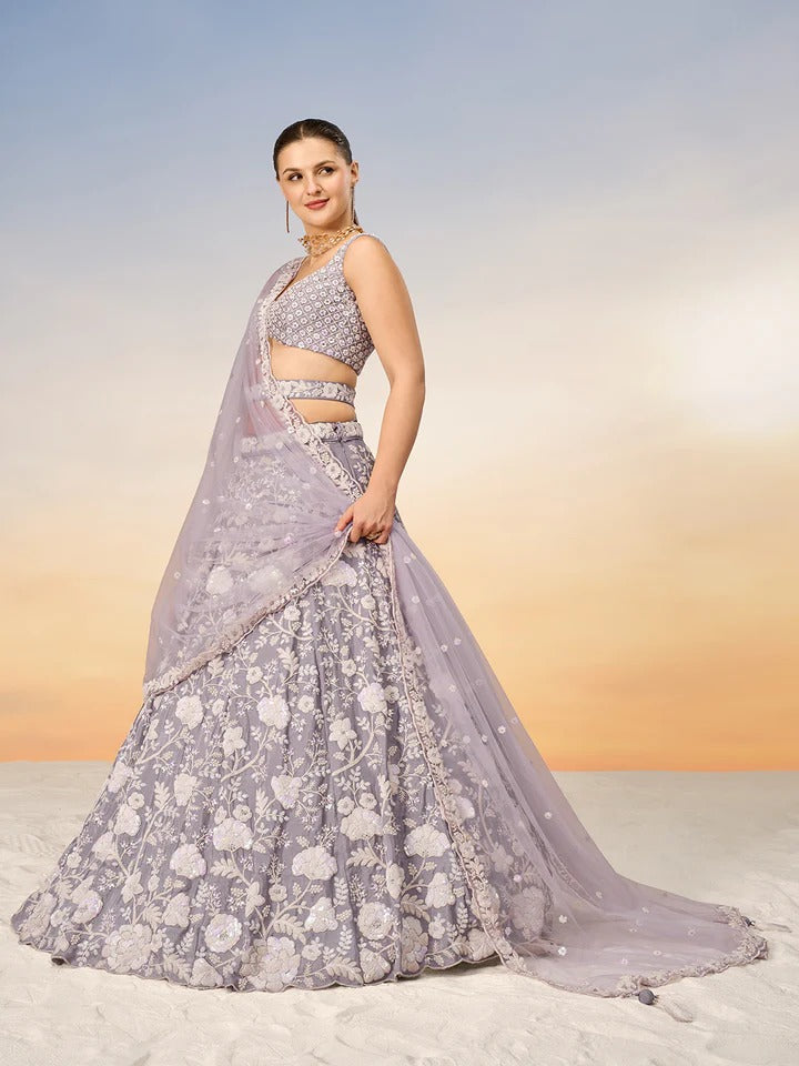 White Color Sequined Chinon Embroidered Semi-Stitched Lehenga choli green Lehenga