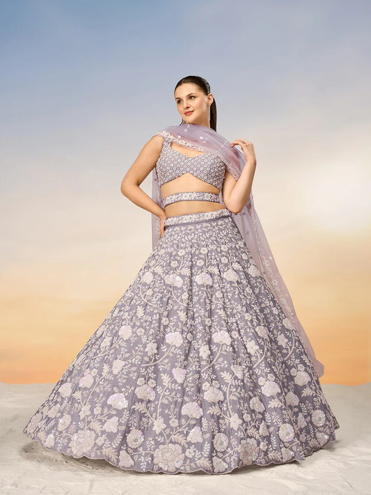 White Color Sequined Chinon Embroidered Semi-Stitched Lehenga choli light purple Lehenga