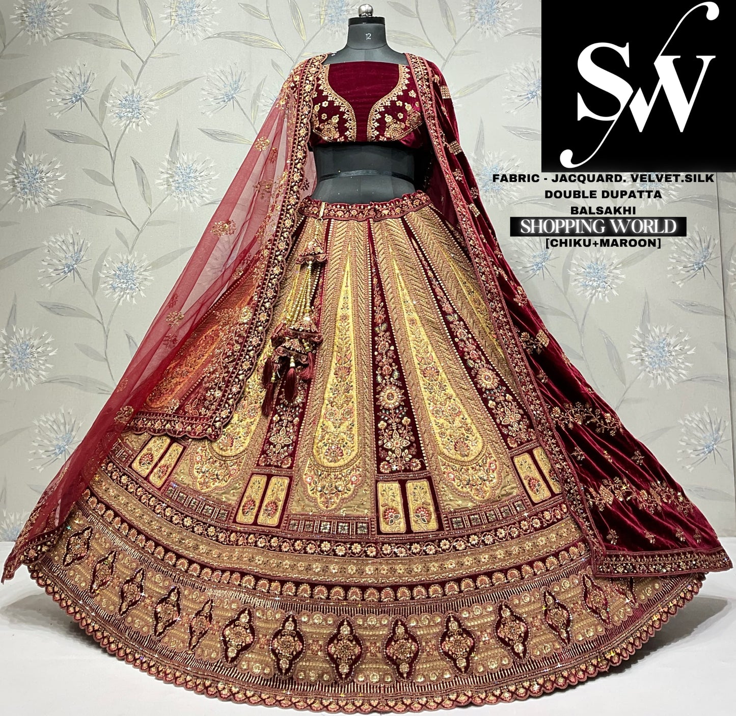 Fantastic golden maroon double dupatta jacquard velvet silk bridal lehenga