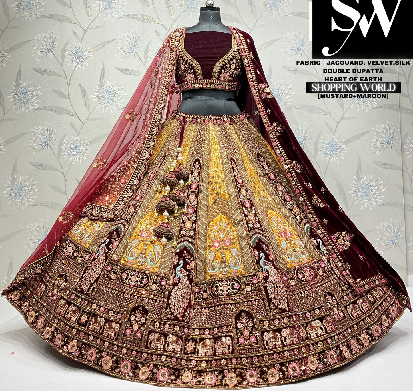 Awesome golden maroon double dupatta jacquard velvet silk bridal lehenga