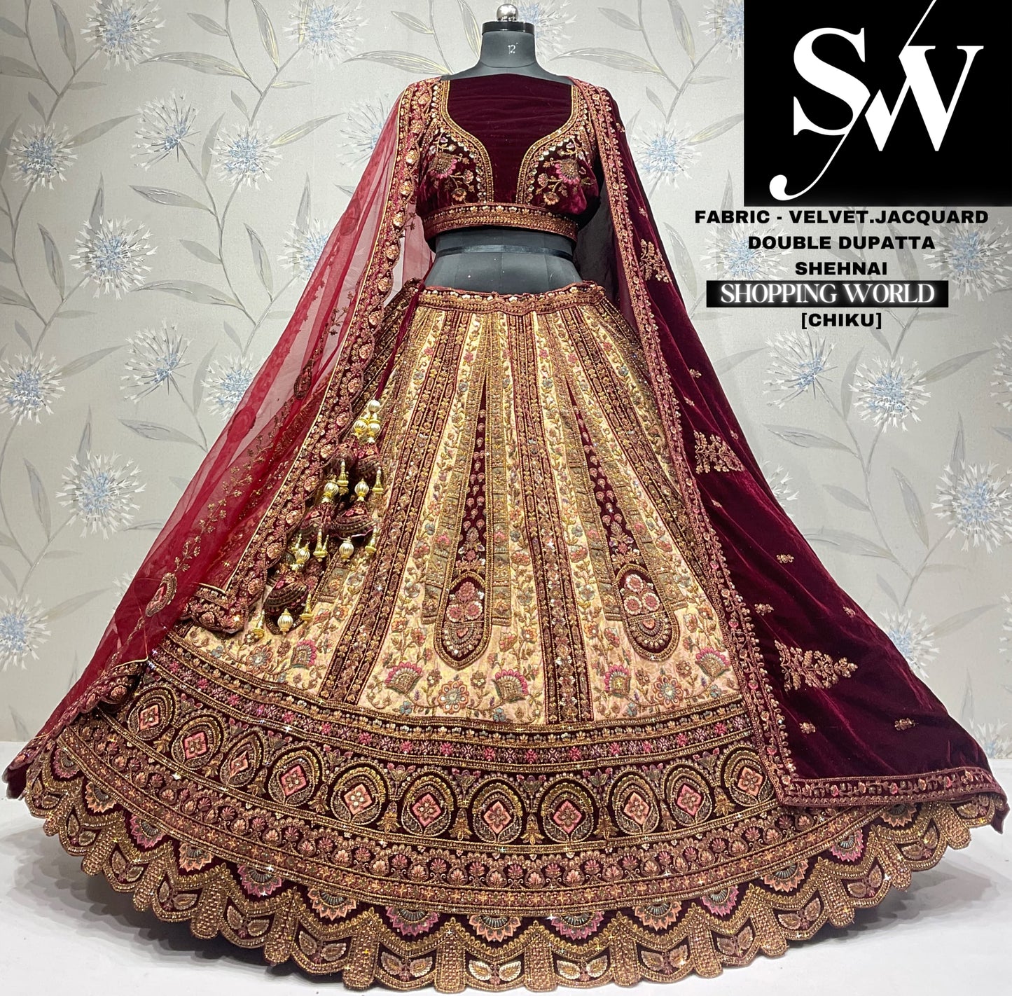 Fabulous golden maroon double dupatta jacquard velvet bridal lehenga
