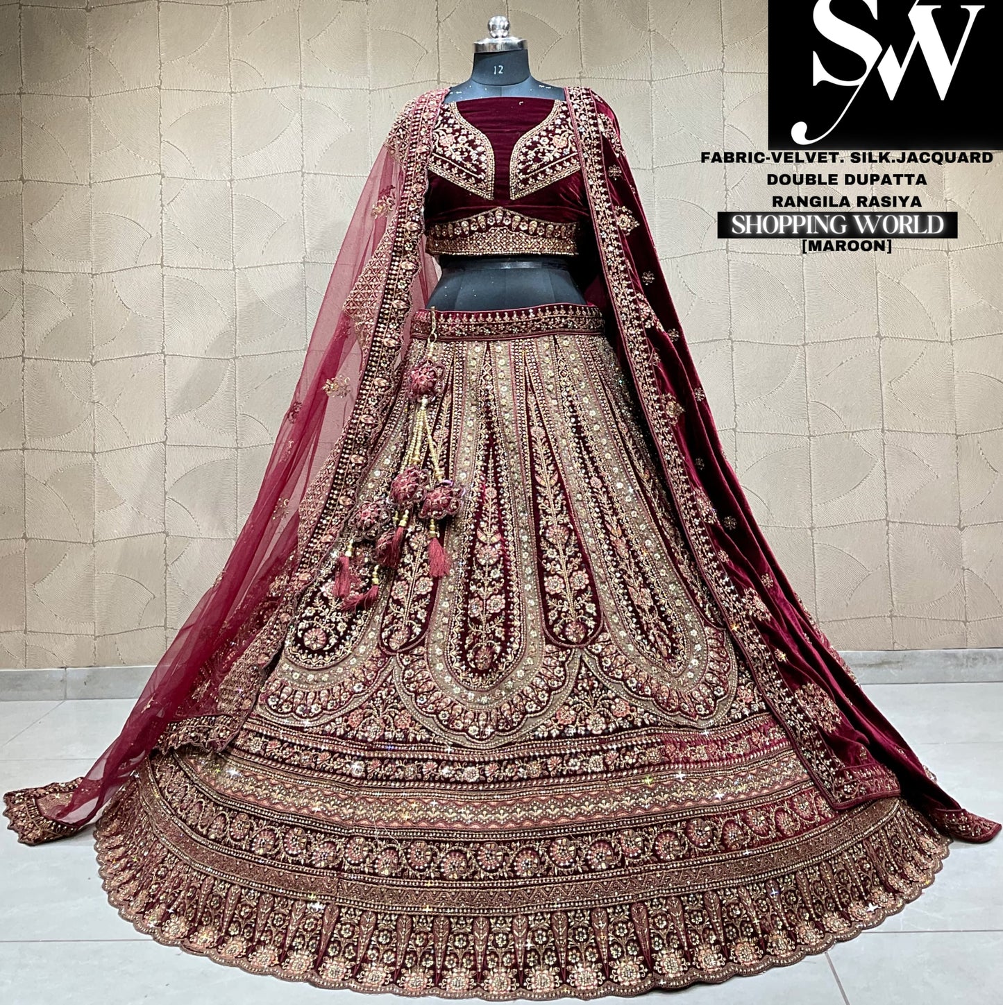 Pretty chiku maroon double dupatta jacquard velvet silk bridal lehenga