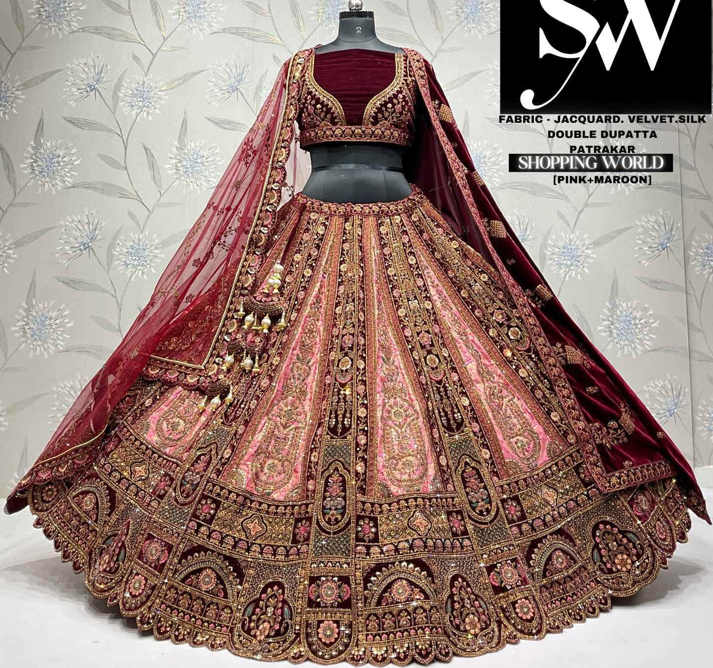 Eye catching pink maroon double dupatta jacquard velvet silk bridal lehenga