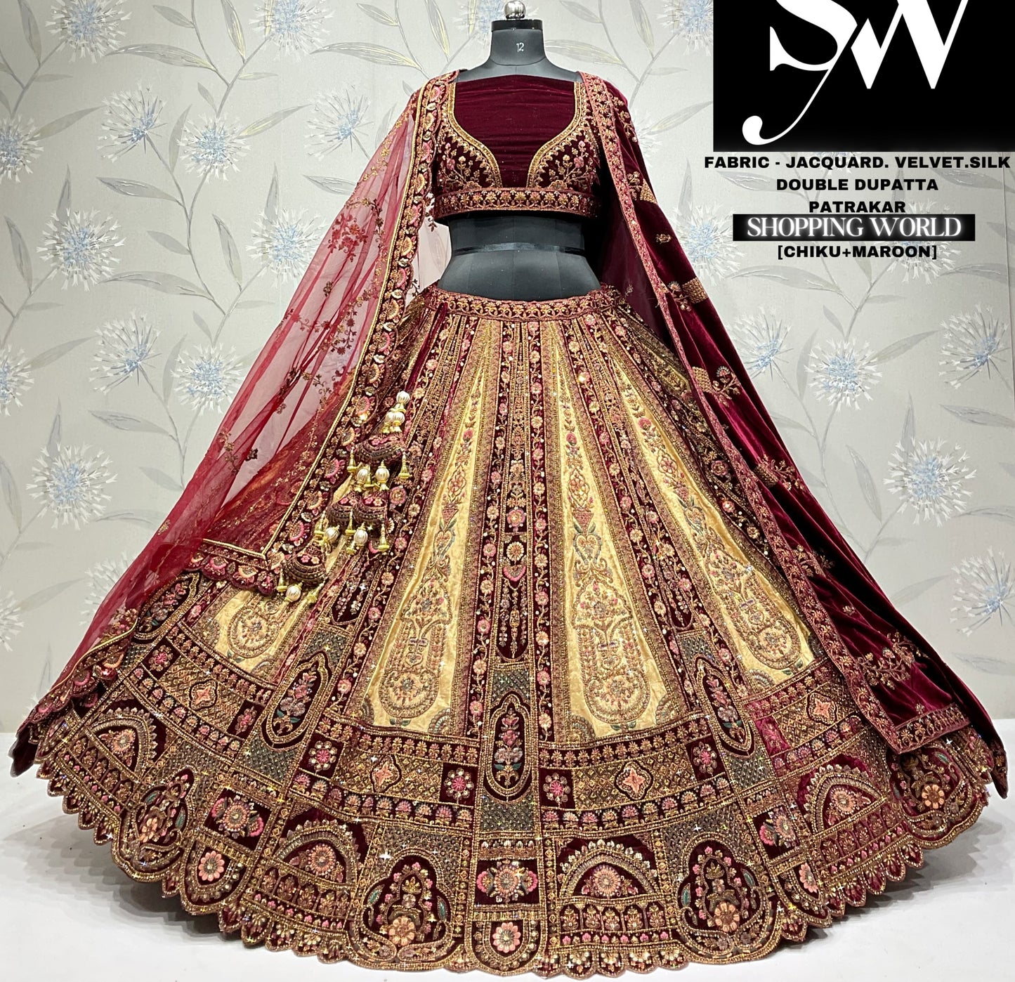 Lavishing chiku maroon double dupatta jacquard velvet silk bridal lehenga