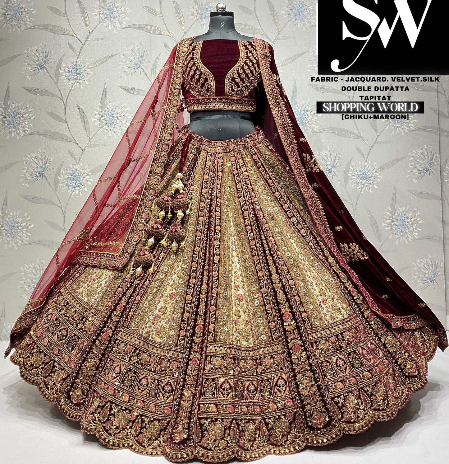 Glamorous chiku maroon double dupatta jacquard velvet silk bridal lehenga