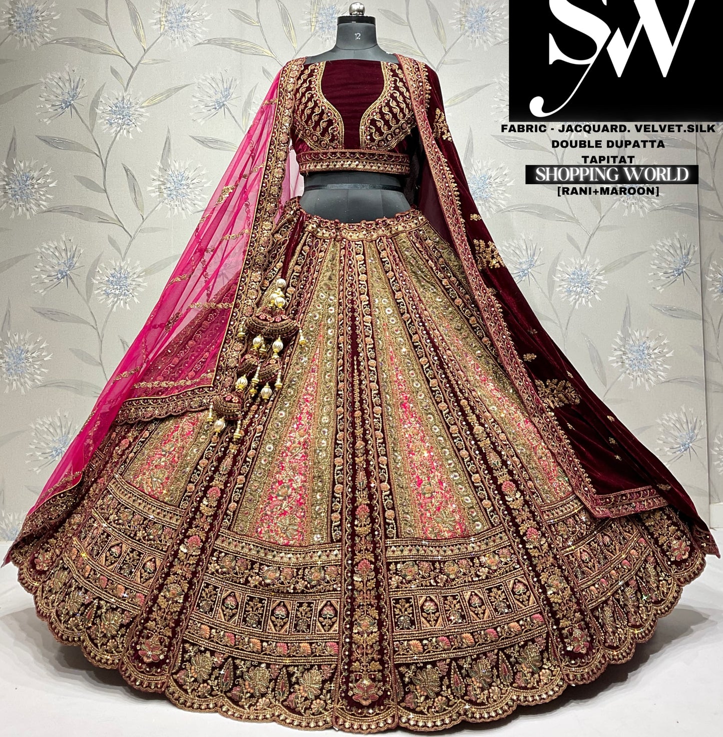 Gorgeous rani maroon double dupatta jacquard velvet silk bridal lehenga