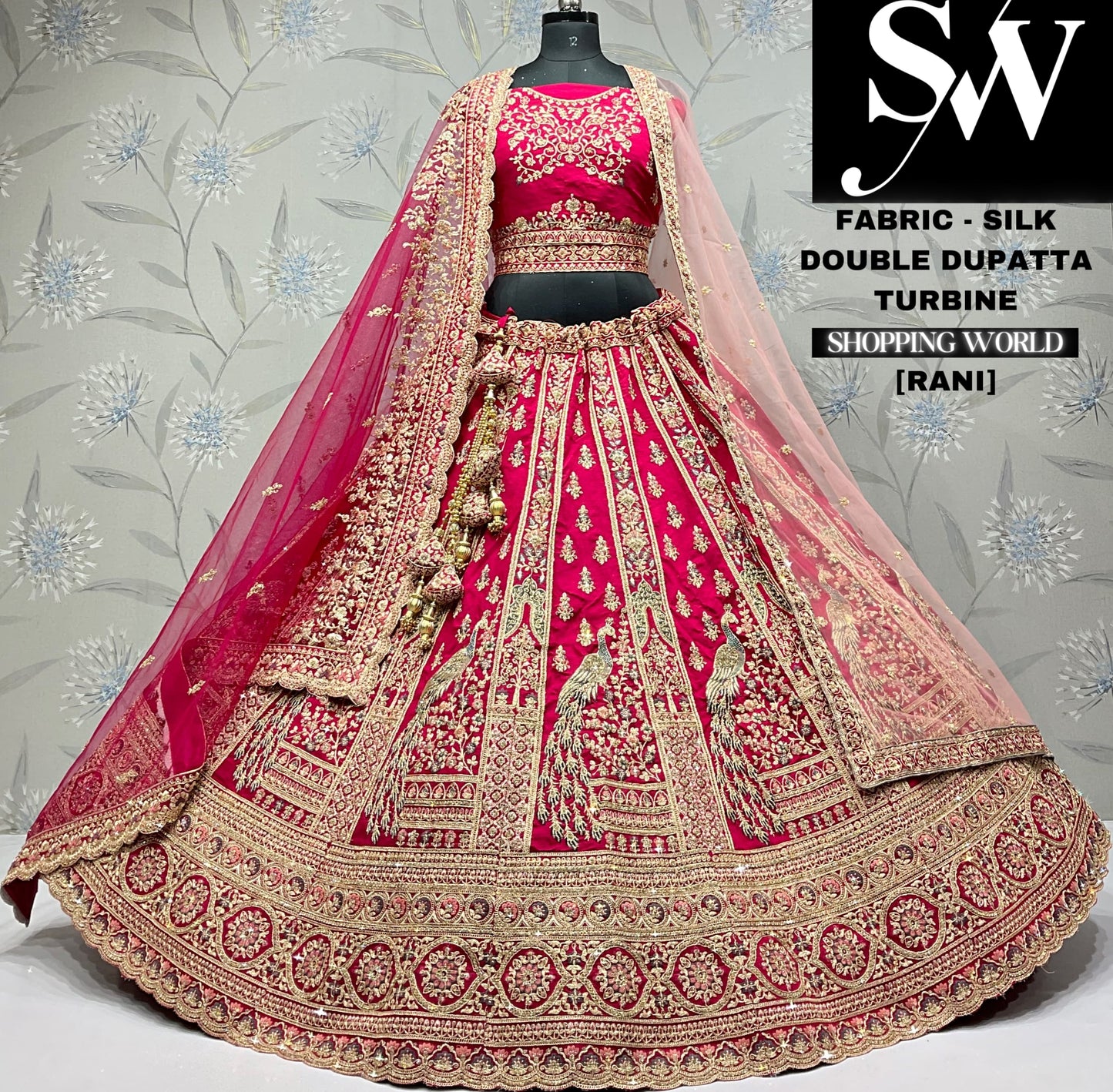 Stunning rani pink peacock double dupatta silk bridal lehenga