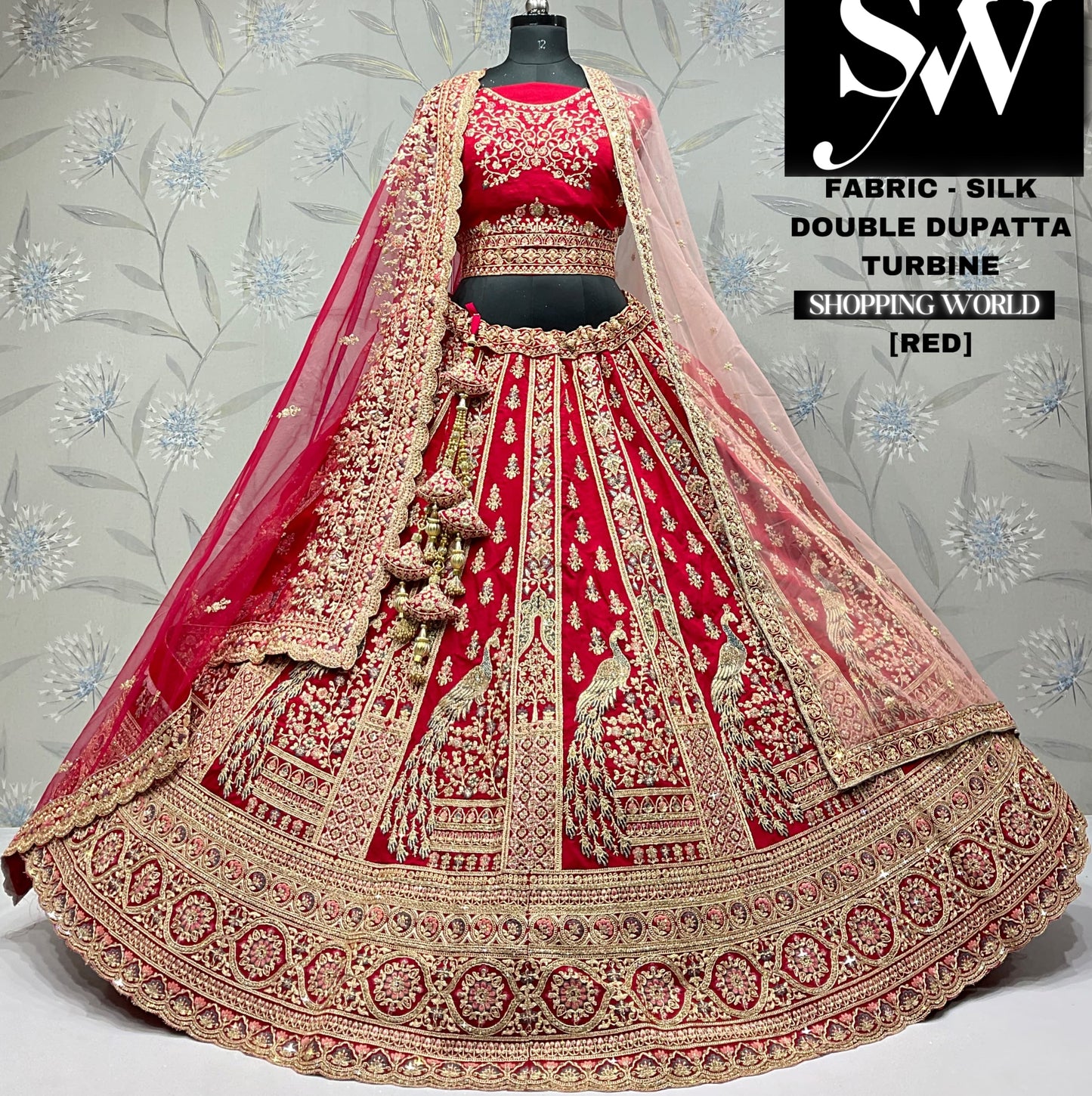 Fair red peacock double dupatta silk bridal lehenga