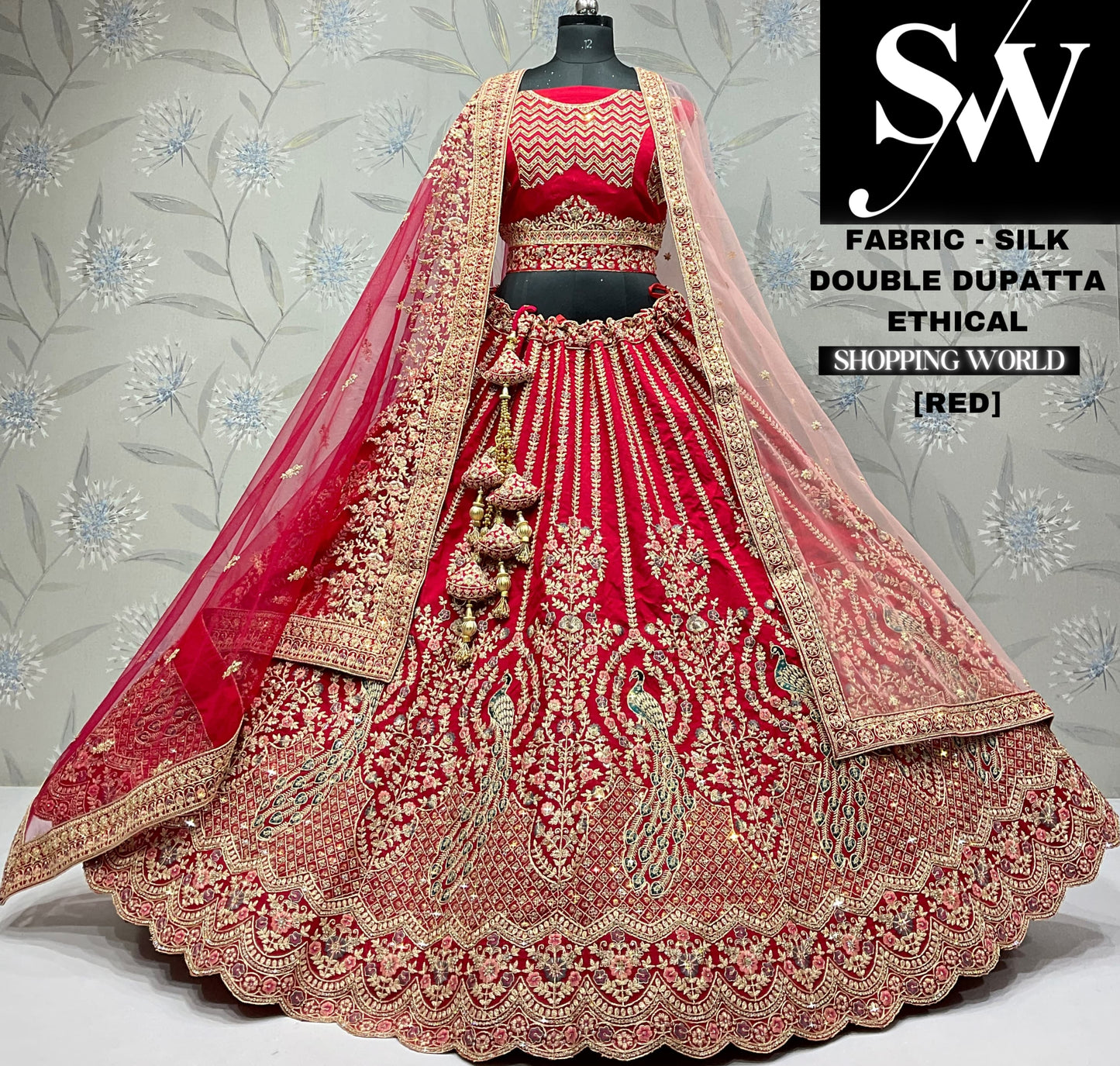 Cute red peacock double dupatta silk bridal lehenga