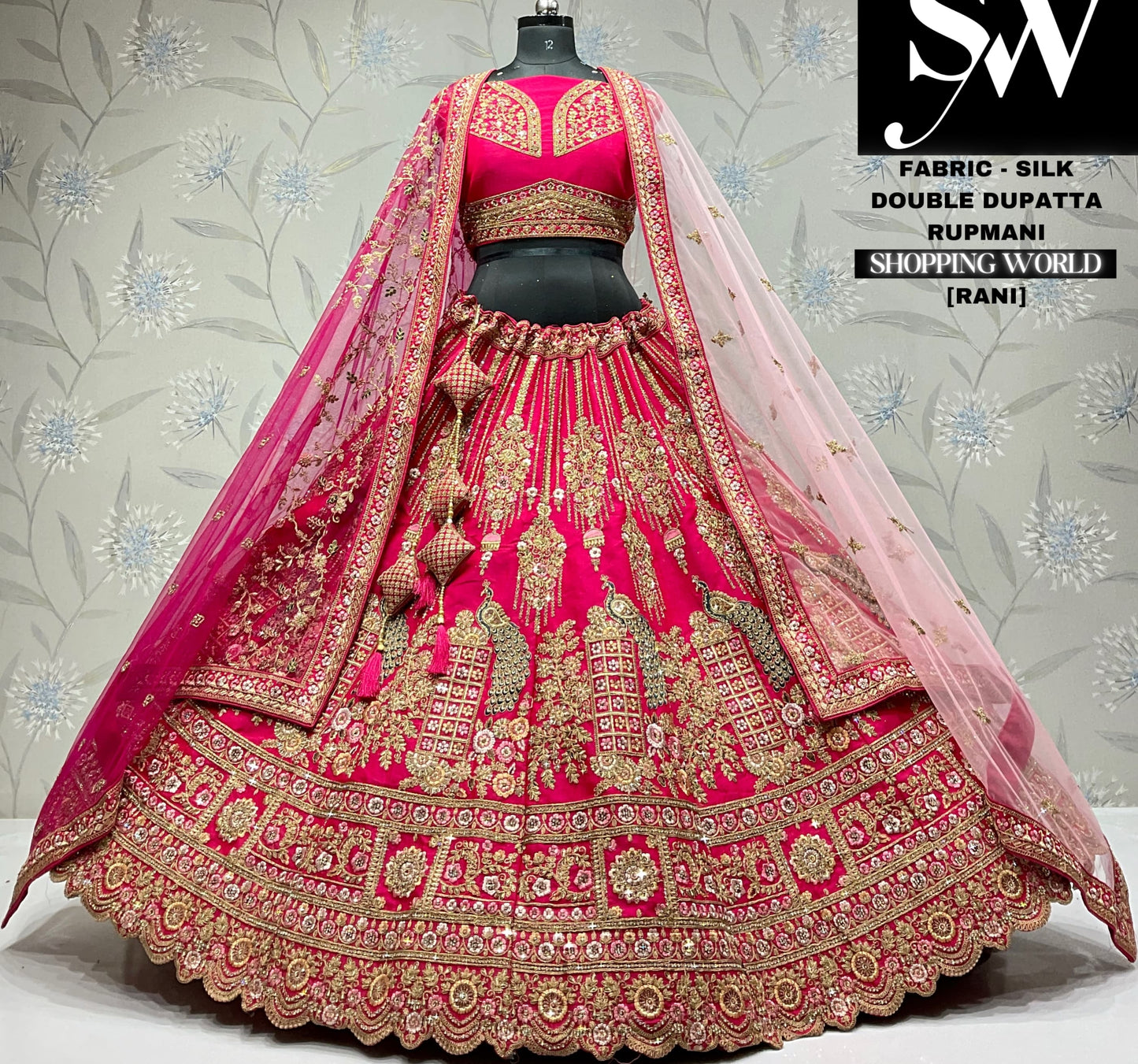 Heavy rani peacock double dupatta silk bridal lehenga