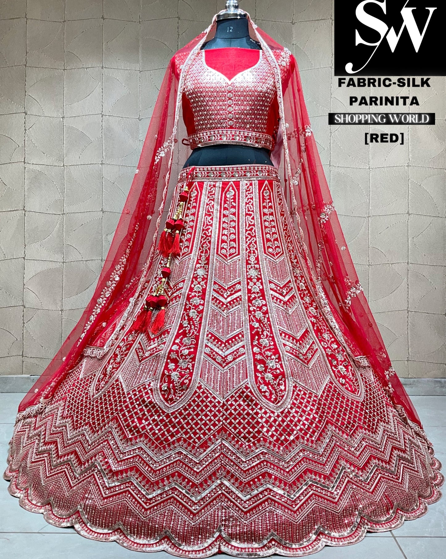 Fantástica lehenga nupcial de seda doble dupatta roja