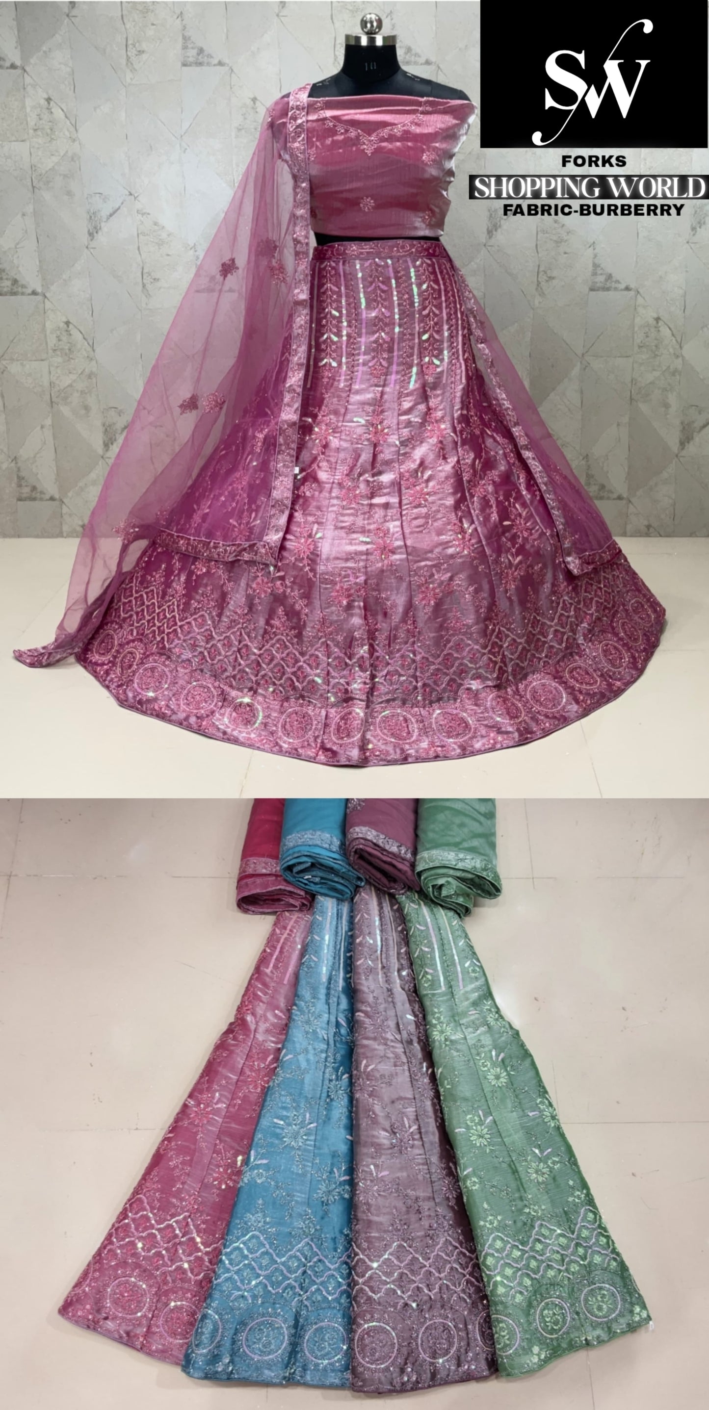Dark pink Lehenga Burberry fabric