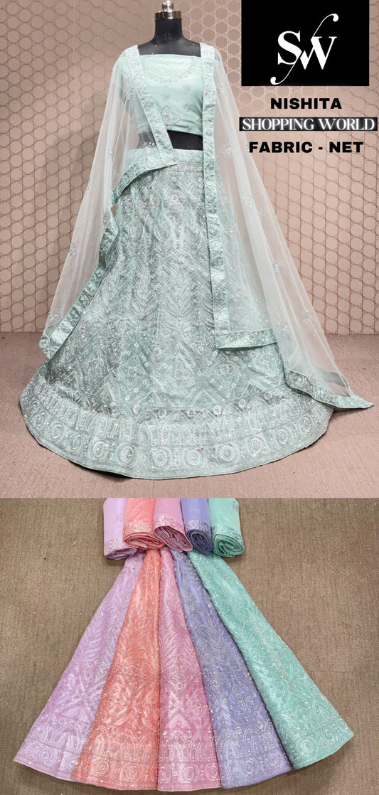 Blue light green Lehenga Net fabric
