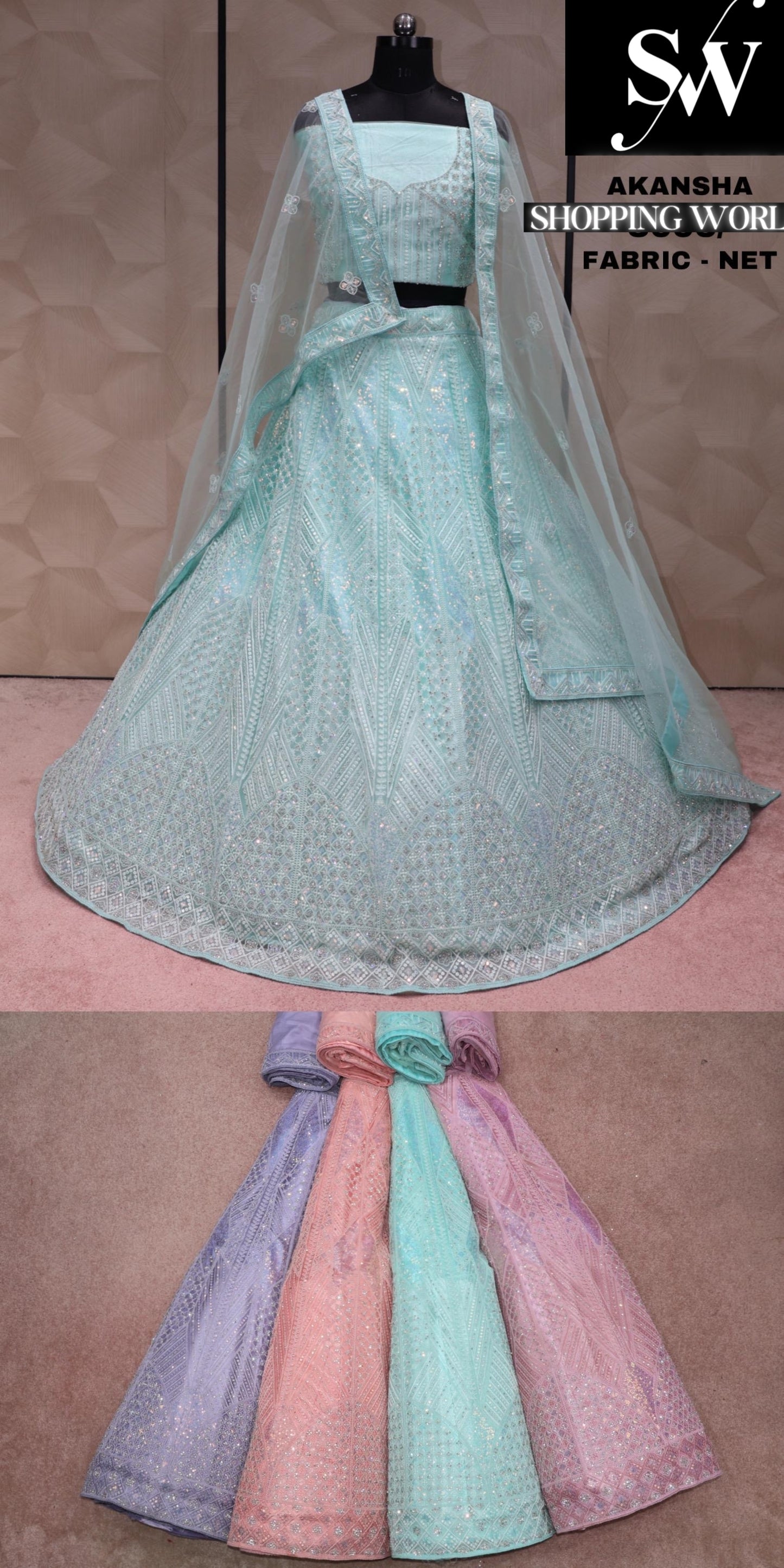 Sky blue Lehenga Net fabric